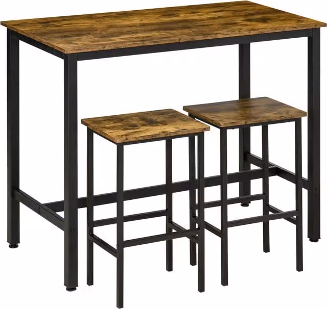 HOMCOM 3-Piece Industrial Bar Table and 2 Stools Set in Brown for Kitchen, Living Room or Dining Room