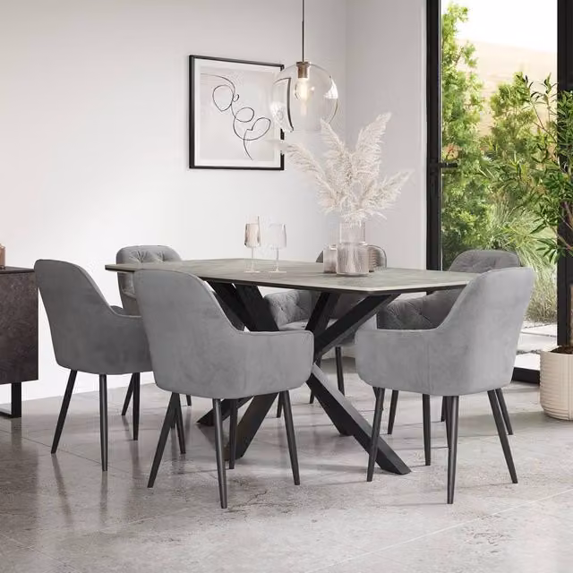 More4Homes Juno Light Grey Ceramic Rectangular Dining Table and 6 Anika Velvet Chairs, W/D/H: 180 x 90 x 75 cm – 1
