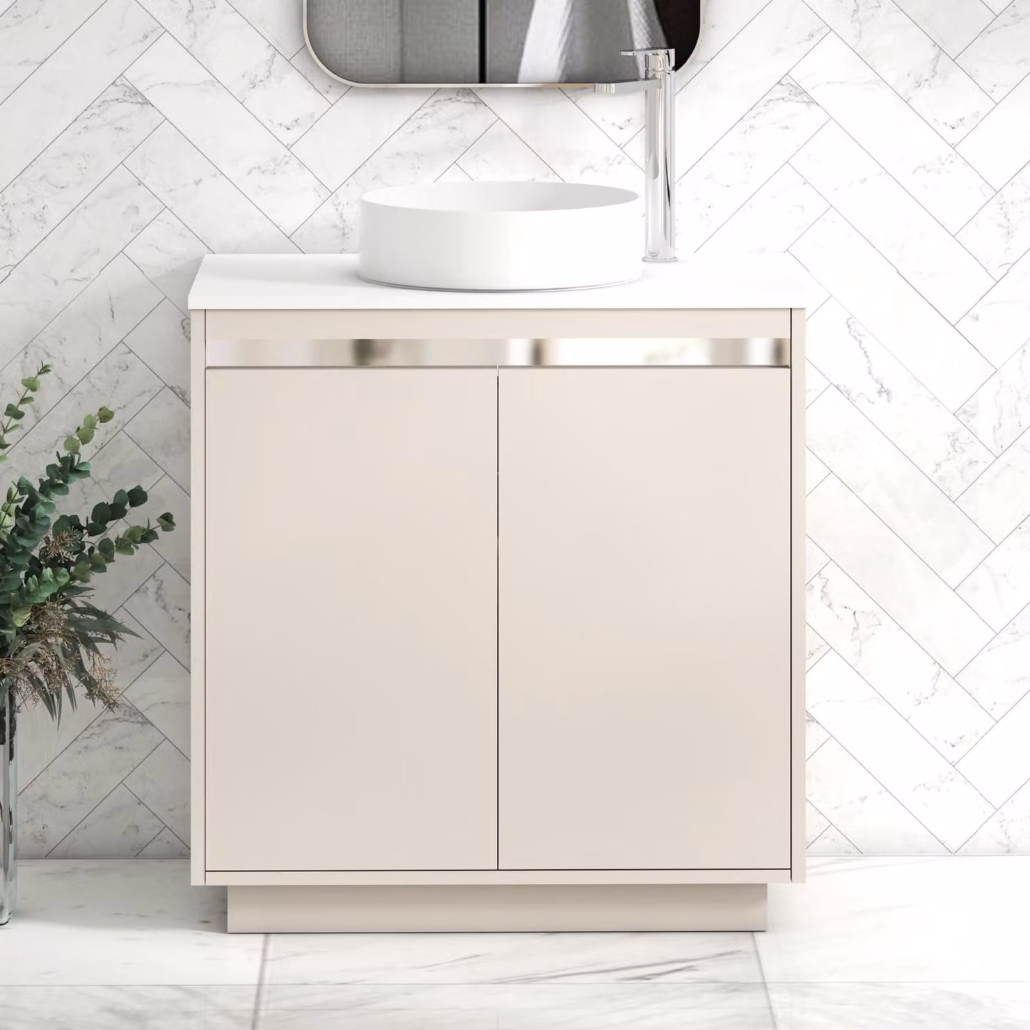 Royal Bathrooms Orion 800mm Warm Taupe Floor Standing 2 Door Vanity Unit with Plain White Undrilled Worktop and Chrome Accent Trim