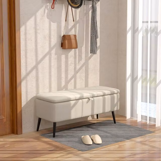 HOMCOM Rectangular Upholstered Storage Ottoman Bench with Flip Top and Removable Pad in Cream