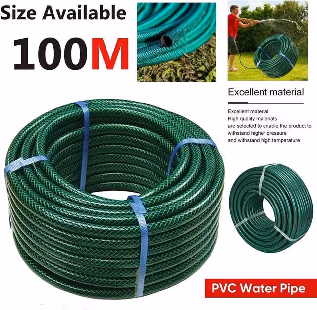 FLAVORA 100m Reinforced Braided PVC Garden Hose Pipe in Green