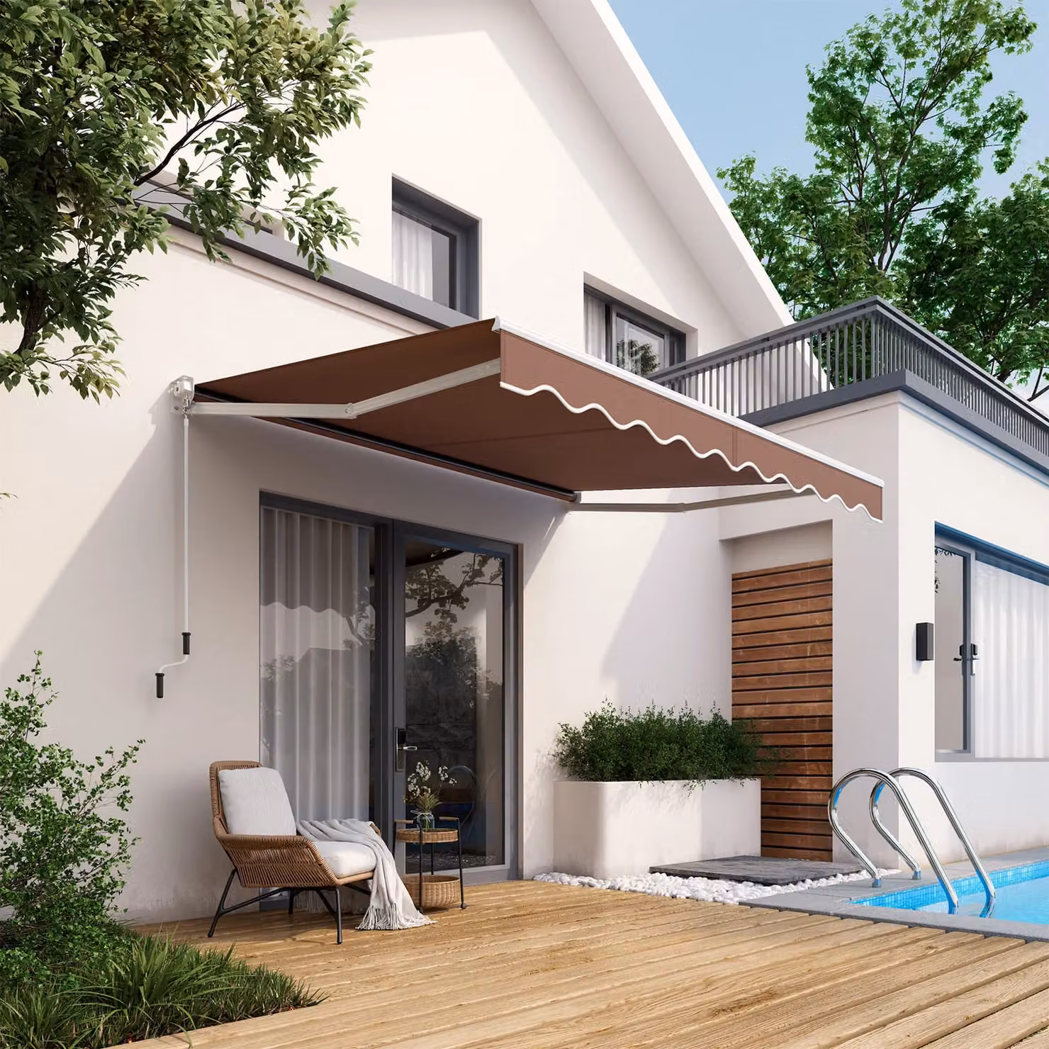 Costway Retractable Aluminium Patio Sun Shade with Crank Handle and Folding Arms, Brown – 6