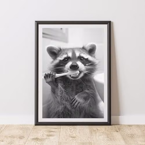 60 Second Makeover Raccoon Brushing Teeth Animal Print Paper Poster, A3
