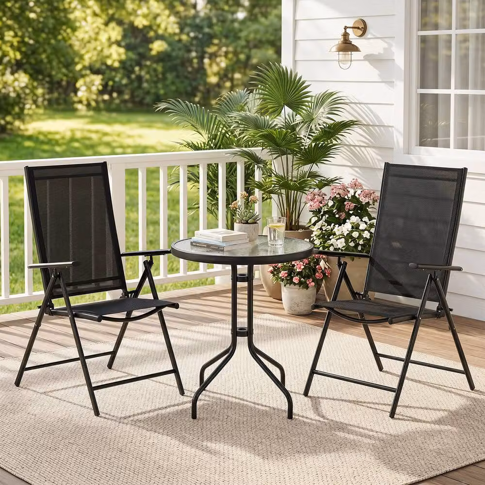 Costway 3-Piece Outdoor Patio Bistro Set with Folding Chairs and Coffee Table in Black – 3