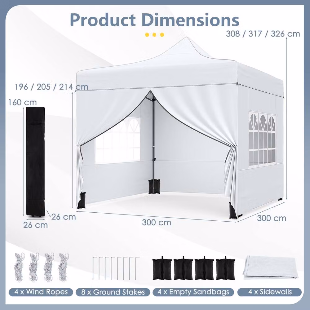 Gymax White Pop Up Commercial Canopy Tent, W x W: 300 x 300 cm – 2