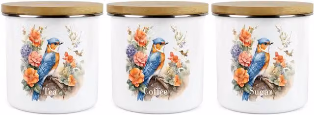 Purely Home Blue Bird Floral Ceramic Kitchen Canister Set of 3 in Blue and White