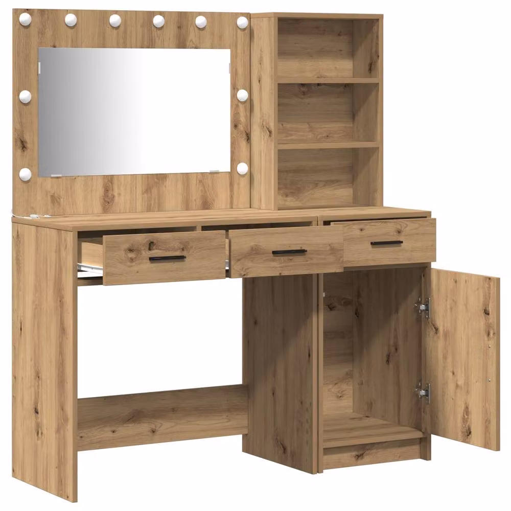 Berkfield Home 2 Piece Modern Dressing Table Set with LED Hollywood Mirror in Brown Artisan Oak Wood – 2