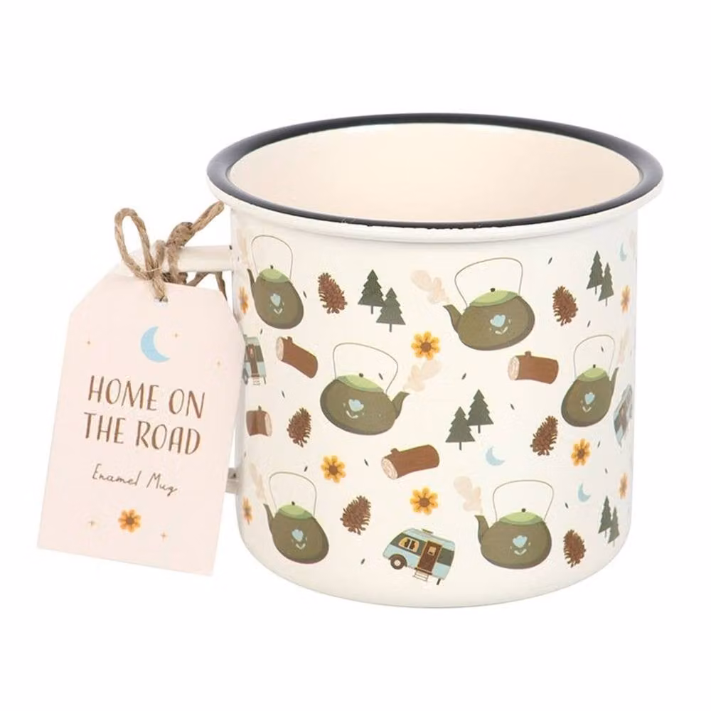 Uniqueful Camping Print Enamel Mug, Multicolour and White, 550 ml – 2
