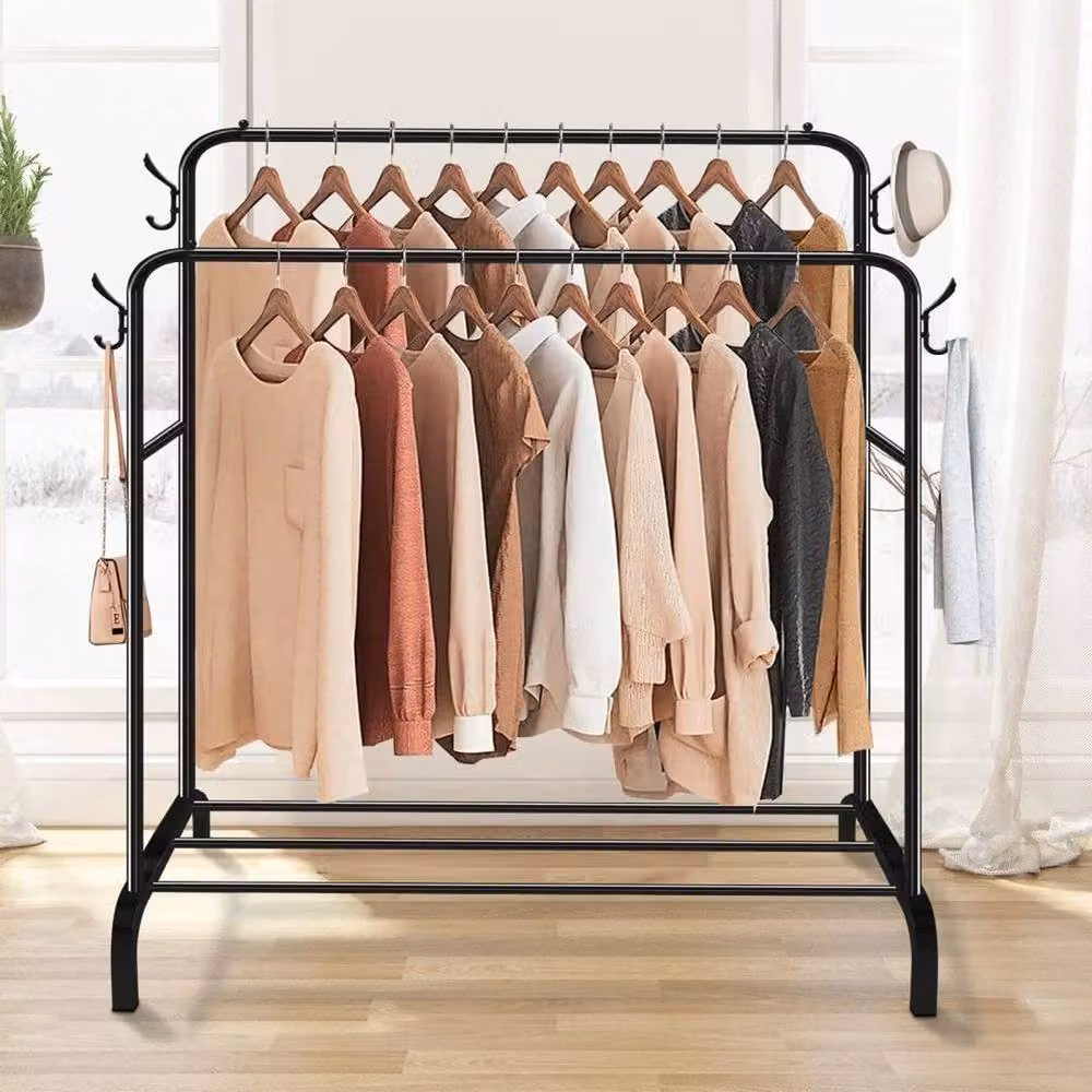 KORVIXA Metal Double Rail Clothes Garment Hanging Rack, Black, W: 90 cm, H: 150 cm – 4