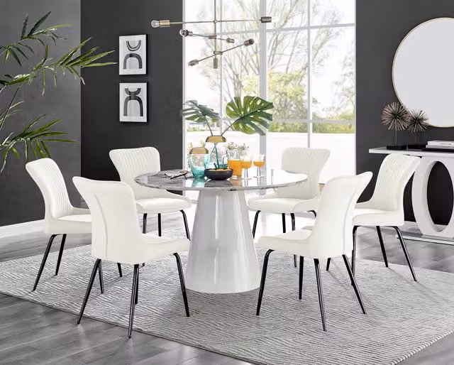 Furniturebox Palma White Marble Effect Round Dining Table and 6 Nora Black Leg Chairs in Cream