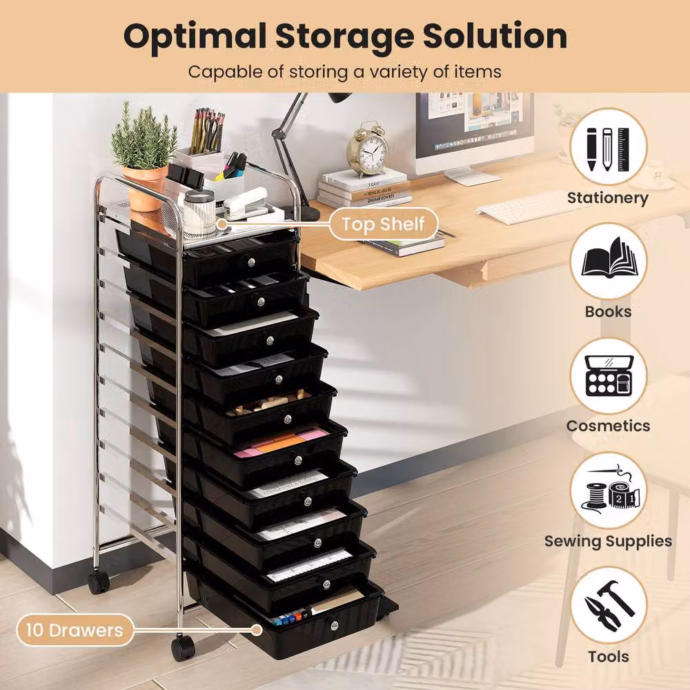 Gymax 10 Drawer Rolling Art and Craft Organizer Utility Cart in Black – 7