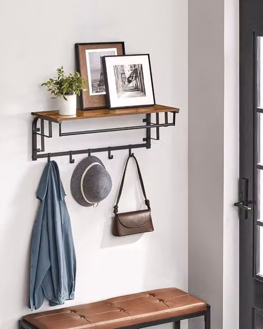 VASAGLE Industrial Wall Mounted Coat Rack with Hanging Rail and 5 Hooks in Brown