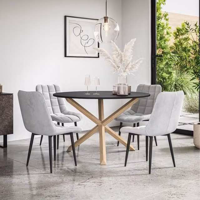 More4Homes Malvern Round Black Dining Table with 6 Grey Nova Velvet Chairs and Oak Legs