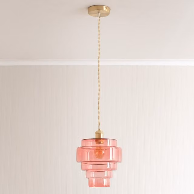 ValueLights Lane 5 Tier Layered Glass Pendant Ceiling Light with LED Bulb in Brushed Gold and Pink