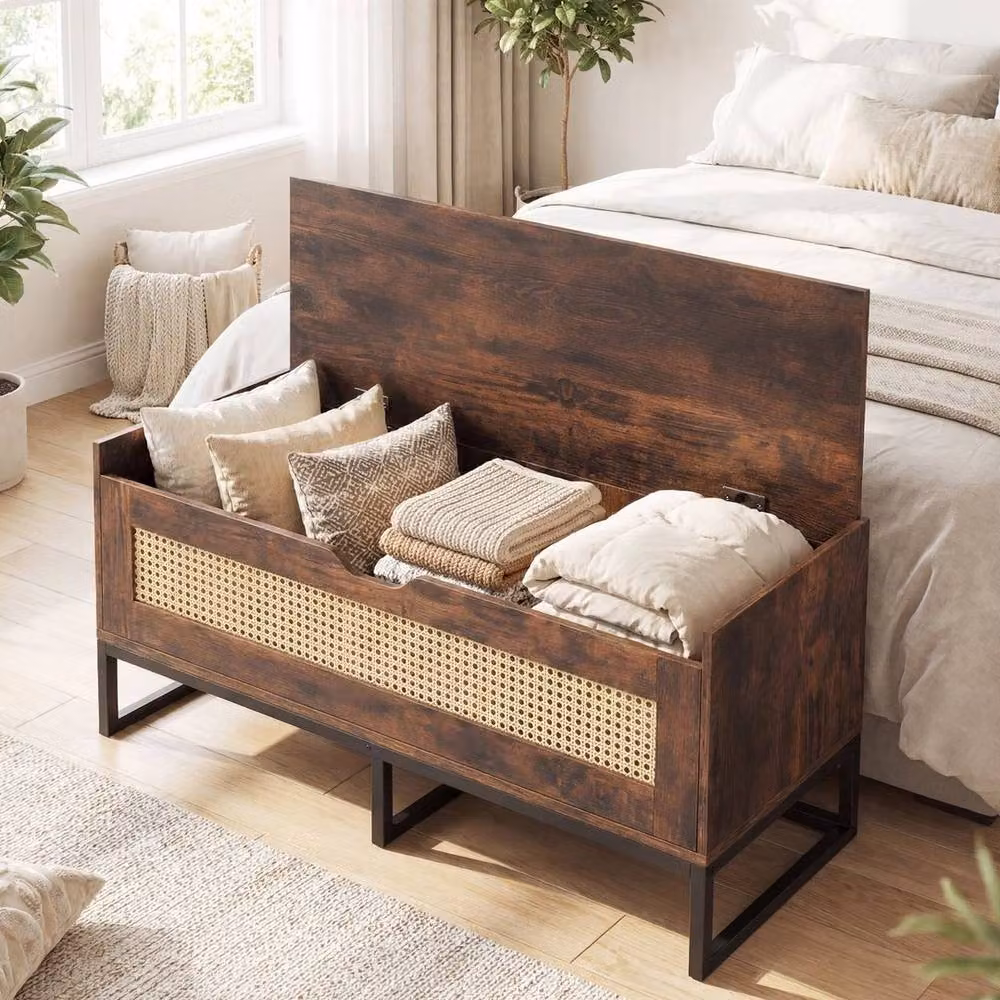 Kelvenix Brown Wicker Shoe Bench with Padded Fabric Seat – 3