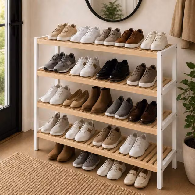 Keplin 4-Tier Bamboo Shoe Rack in White and Natural Wood – 1