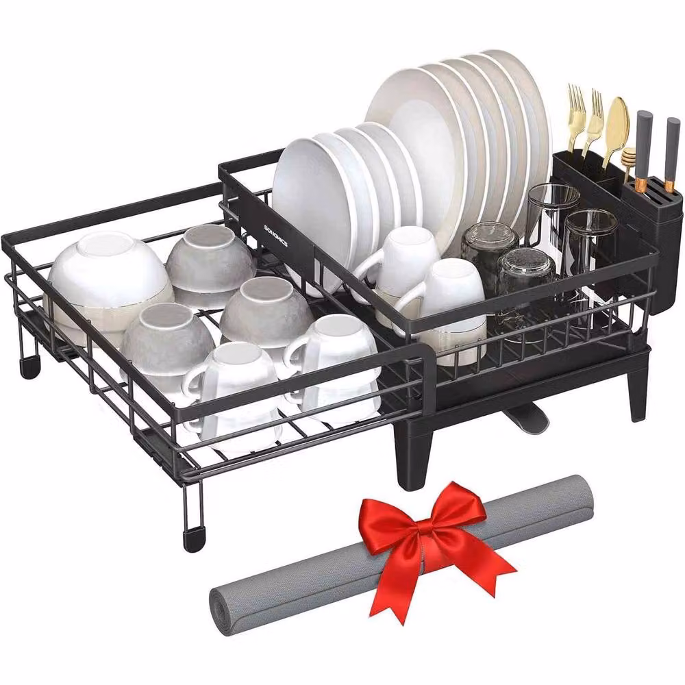The Bazaarist Expandable Dish Drying Rack with Rotating Spout and Cutlery Holder, Black – 2