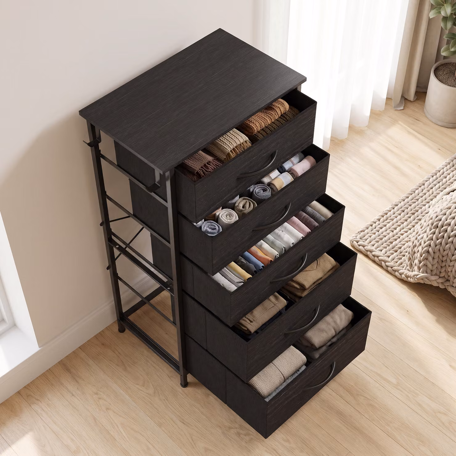HOMCOM Modern Black Fabric Chest of Drawers with 5 Drawers and Metal Frame – 8