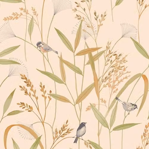 Grandeco Azuria Birds and Grasses Textured Wallpaper in Coral Blush Pink – 1