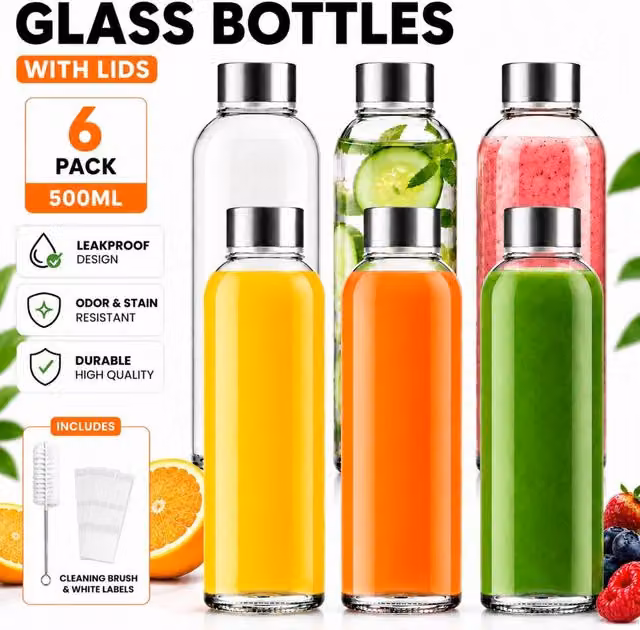 Volila 6 Pack Leakproof Clear Glass Bottles with Lids, Brush and Labels, 500ml each