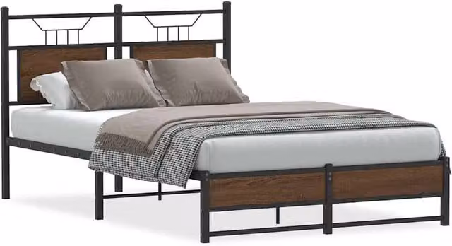 Berkfield Home Small Double Wood and Metal Bed Frame, Brown Oak, W/D/H: 120 x 190 cm