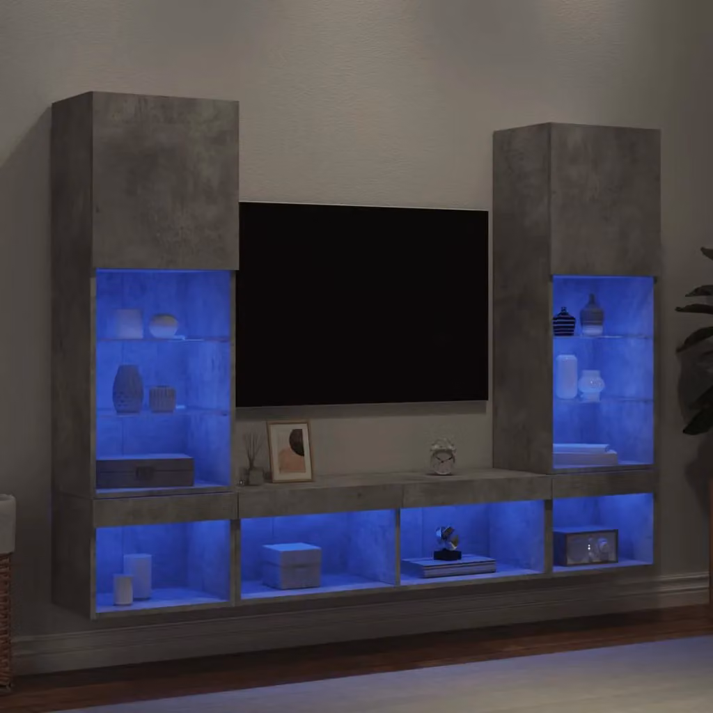 Berkfield Home 5 Piece Modern TV Wall Unit Set with Integrated LED Lighting in Matt Concrete Grey – 3
