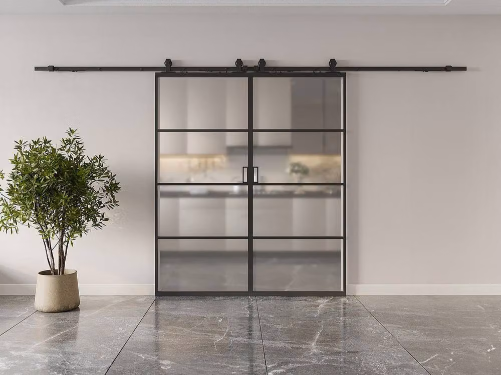 Vente-unique Industrial Black Sliding Double Door in Aluminium and Frosted Tempered Glass, Surface-Mounted – 2