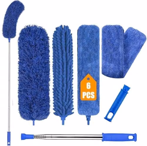 MantraRaj 6-Piece Blue Microfibre Duster Cleaning Kit with Telescopic Handle and Refillable Heads – 1