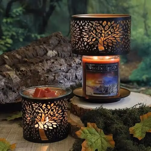 Aromatize Metal Silhouette Tree of Life Aroma Jar Shade and Tray Set in Black and Gold/Brass, Diameter: 15 cm – 2