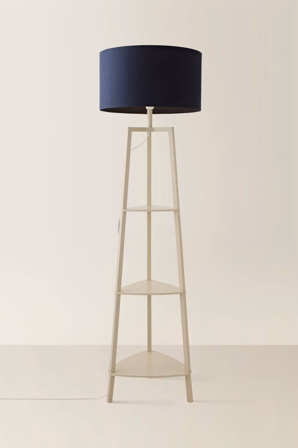 ValueLights Hiru 3 Tier Wooden Shelf Floor Lamp with Blue Fabric Cylinder Shade, Beige and Blue – 2