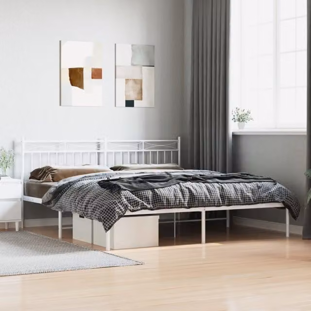 Berkfield Home Metal Bed Frame with Headboard in White W: 183 cm – 1