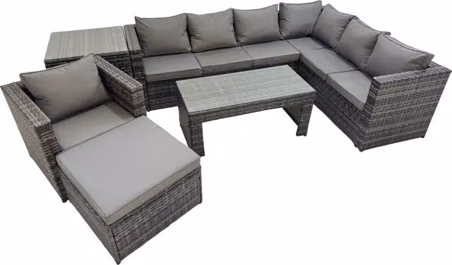 Fimous 8-Seater Outdoor PE Rattan Corner Sofa Set with Tempered Glass Coffee Table and Cushions in Dark Grey Mixed Rattan and Dark Grey Fabric