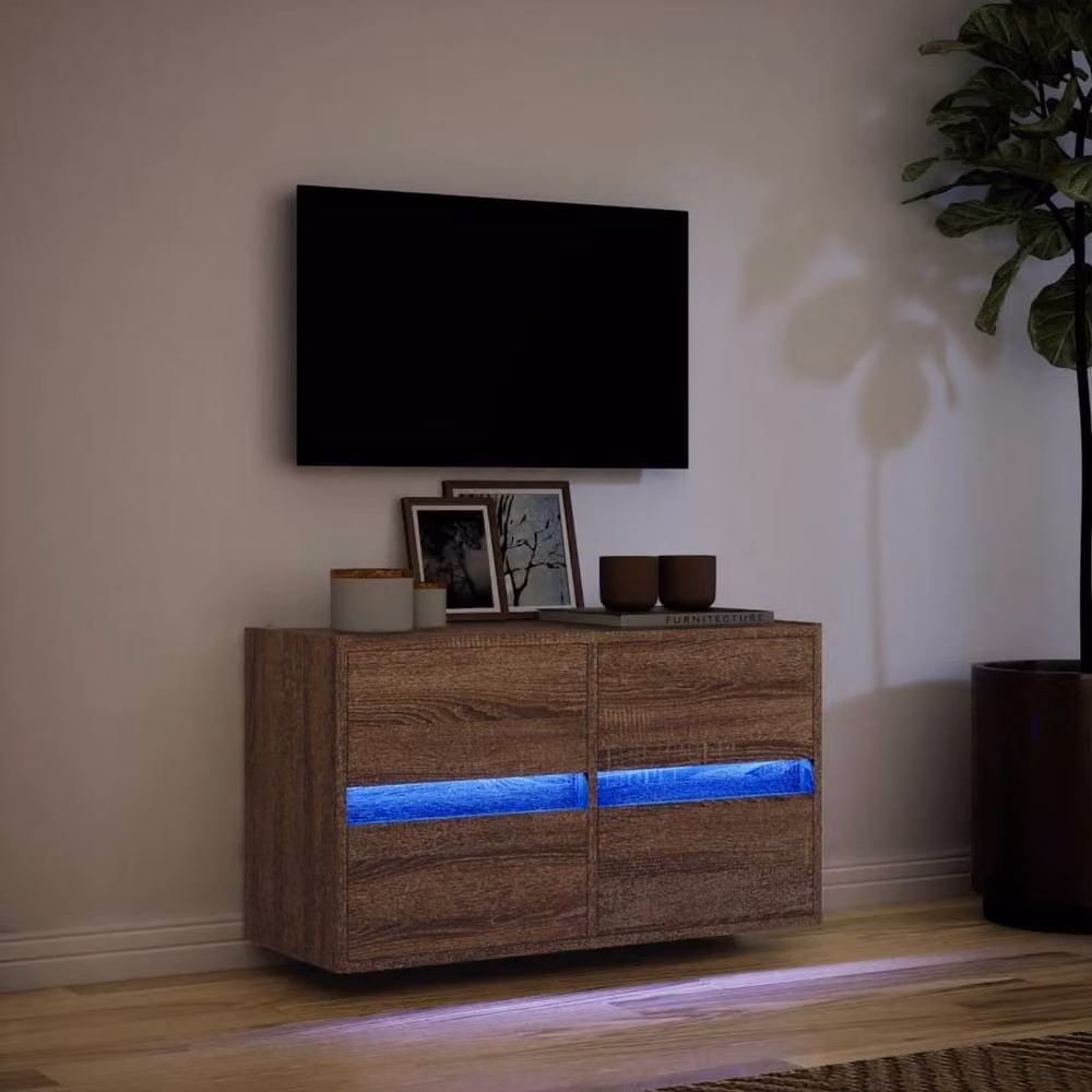 Berkfield Home Modern TV Wall Cabinet with LED Lights in Brown Oak, W/D/H: 80 x 31 x 45 cm – 3
