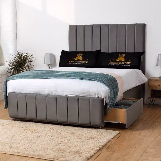 UK Bed Furniture Falcon Divan Bed with 2 Drawers and Upholstered Fabric Headboard in Grey, W/D/H: 180 x 200 cm