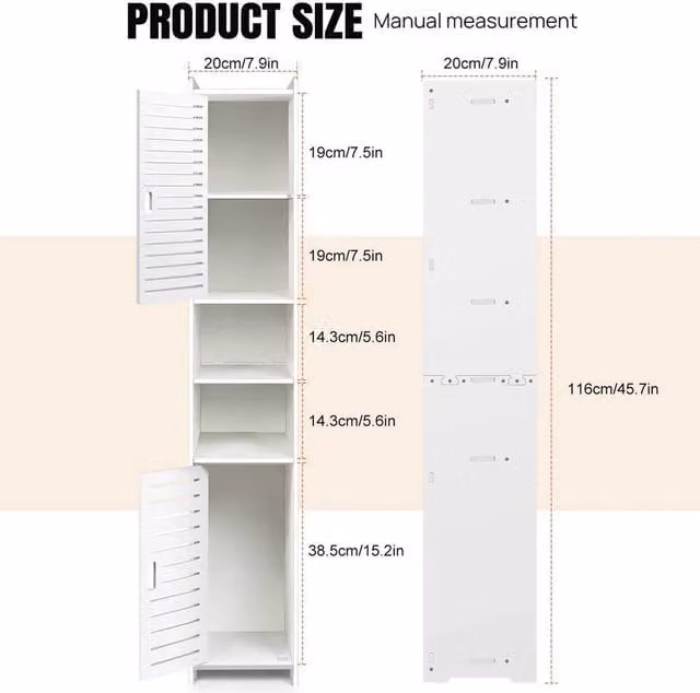 FLAVORA Slim White Wooden Floor Cabinet, H 116 x W 20 x D 20 cm