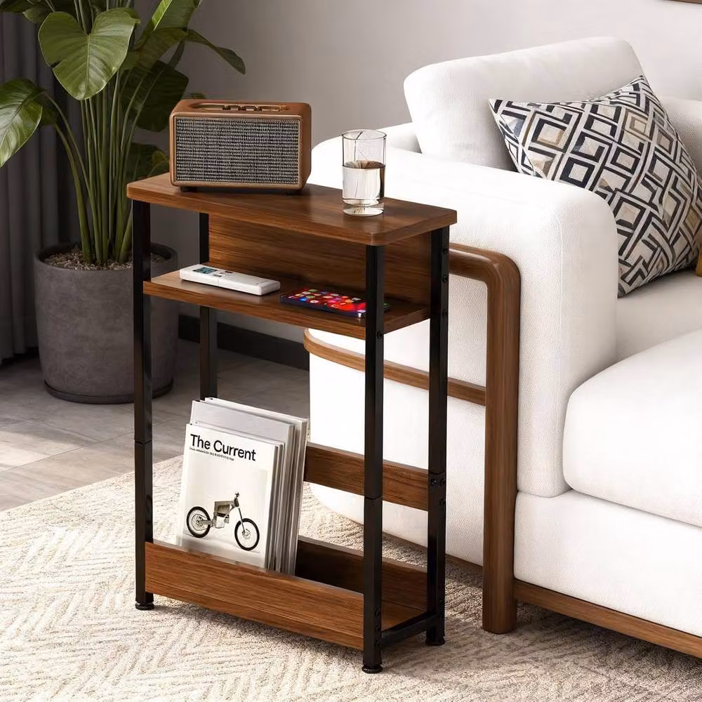 London Boutique 3-Tier Narrow Side Table with Magazine Rack in Walnut and Black – 8