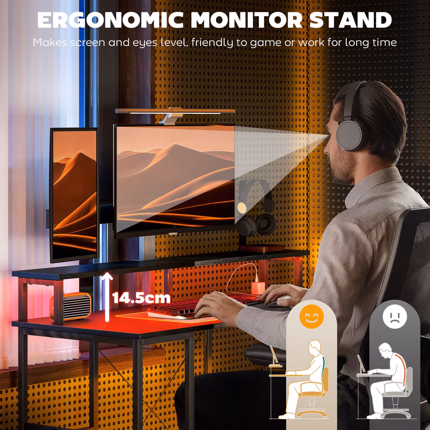 HOMCOM Black Reversible Computer Desk with Monitor Stand and LED Lights, W: 120 cm, D: 50 cm – 5