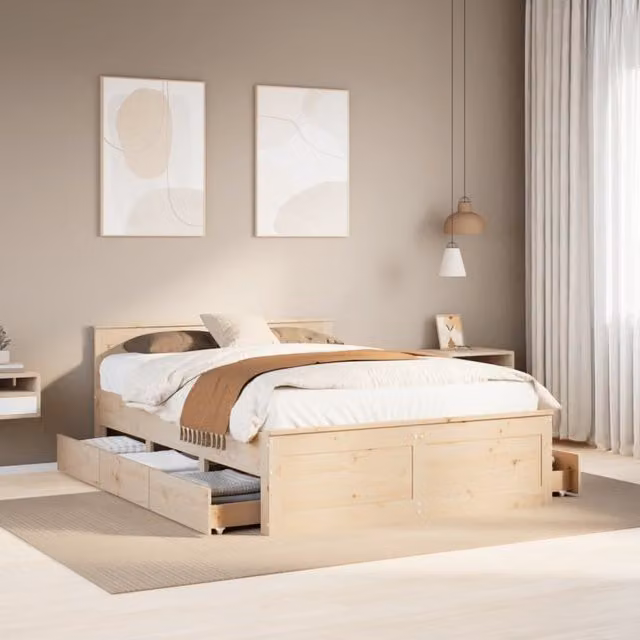 Berkfield Home King Size Solid Wood Pine Bed Frame with Headboard in Brown, W/D/H: 150 x 200 cm