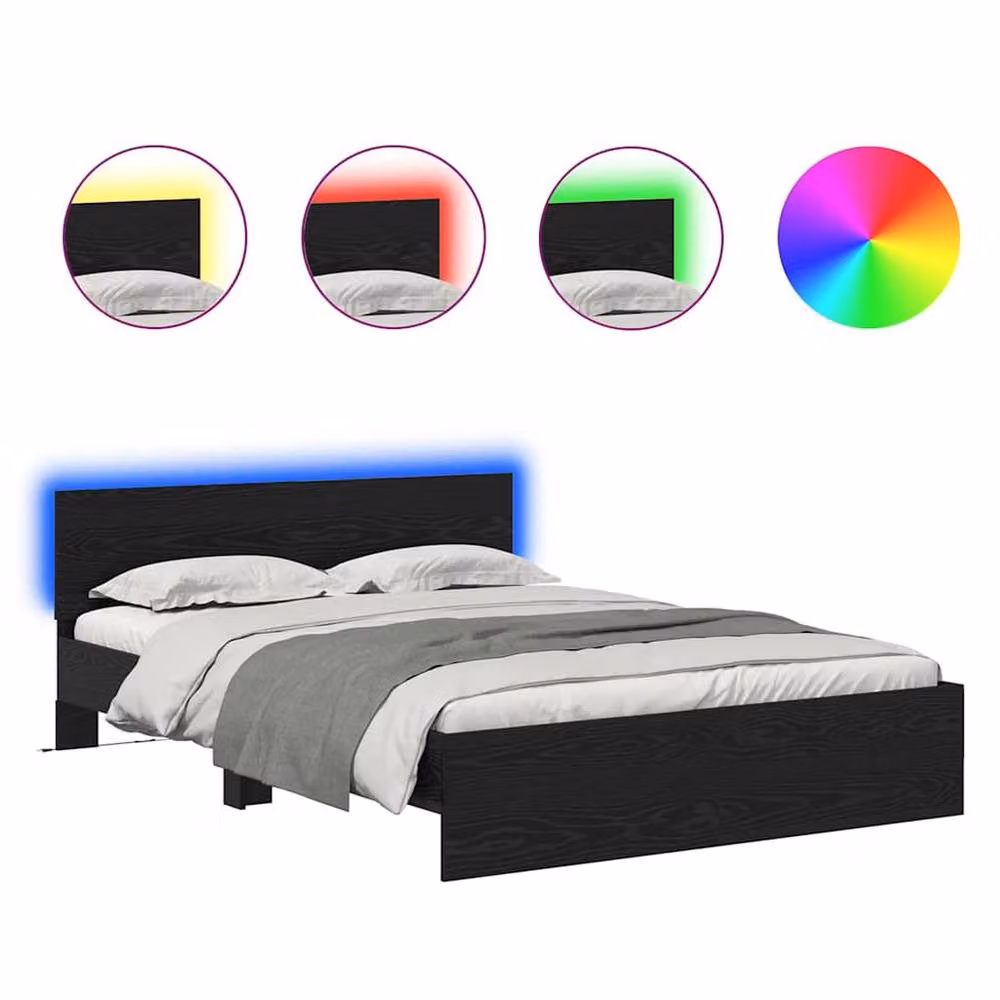 Berkfield Home Modern Bed Frame with Headboard and Under-Bed Lighting in Black Oak, W/D/H: 150 x 200 cm – 2