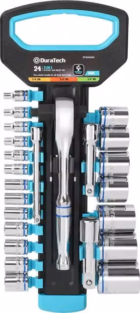 DuraTech 24 Piece 3 in 1 Ratchet and Socket Set in Silver Chrome Vanadium Steel