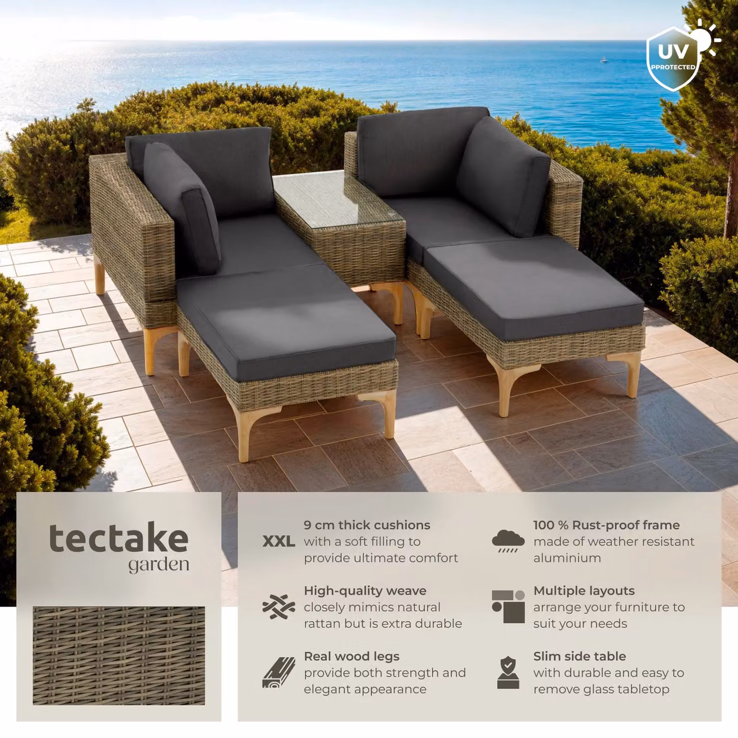 tectake Bellaria Rattan Lounge Set with Powder Coated Aluminium Frame and Beige Cushions for 4 People – 2