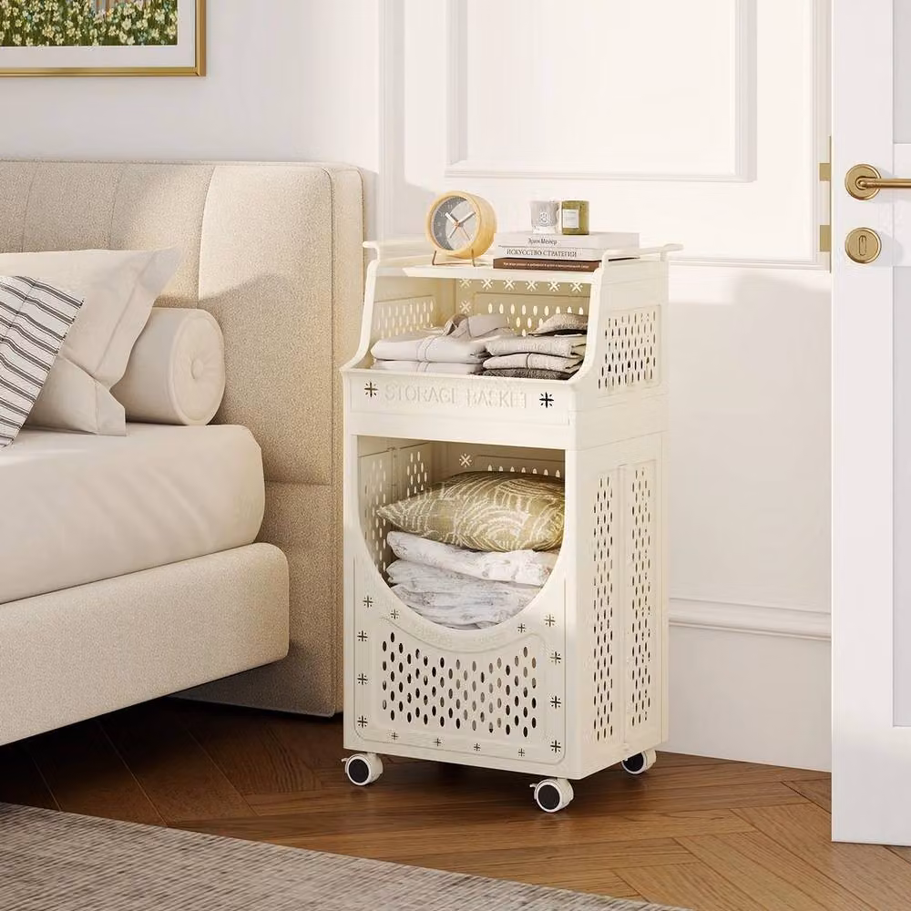 VOGREX 3-Tier Folding Rolling Laundry Cart with Hooks in Beige – 2