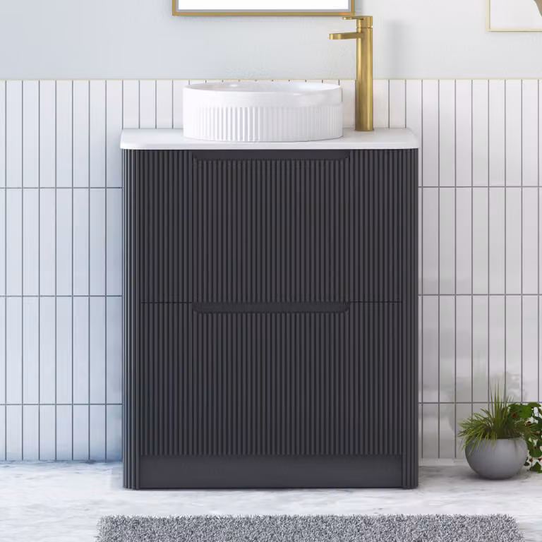 Royal Bathrooms Avenza Floor Standing Vanity Unit with 2 Drawers, Matt Obsidian Black and Plain White Worktop, Width: 70 cm