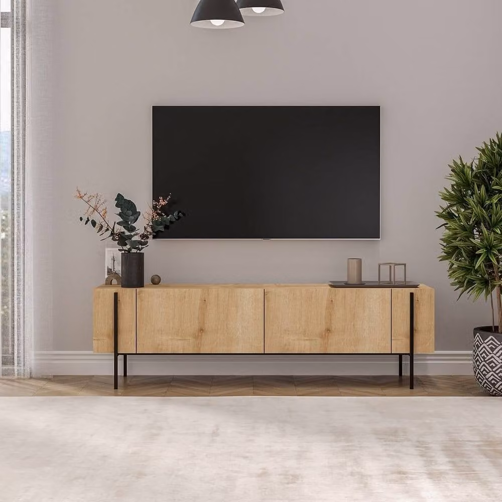 CALICOSY Hermione 2-Door Modern TV Stand in Oak with Metal Legs, Width: 160 cm – 2