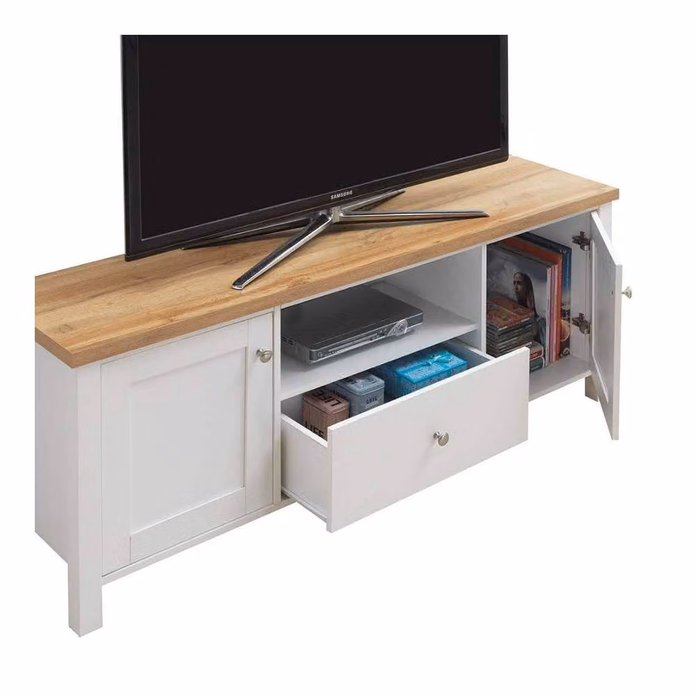 Timber Art Design Astbury TV Unit Stand Media Cabinet with 2 Doors and 1 Drawer, White and Oak, W: 150 cm, D: 40 cm, H: 59 cm – 3