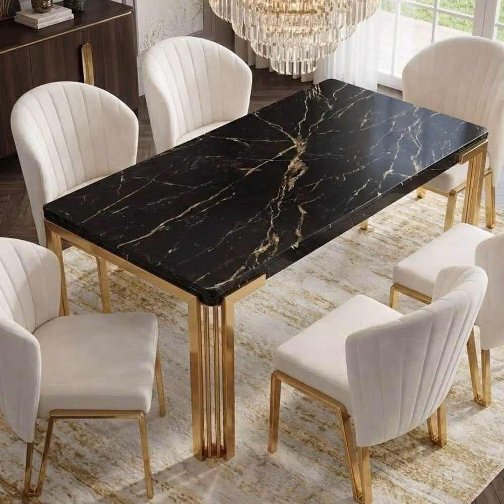 Home Luxe Interior Sorrento 180cm Black Marble Dining Table with Gold Legs and 6 Fabio Beige Chairs – 4