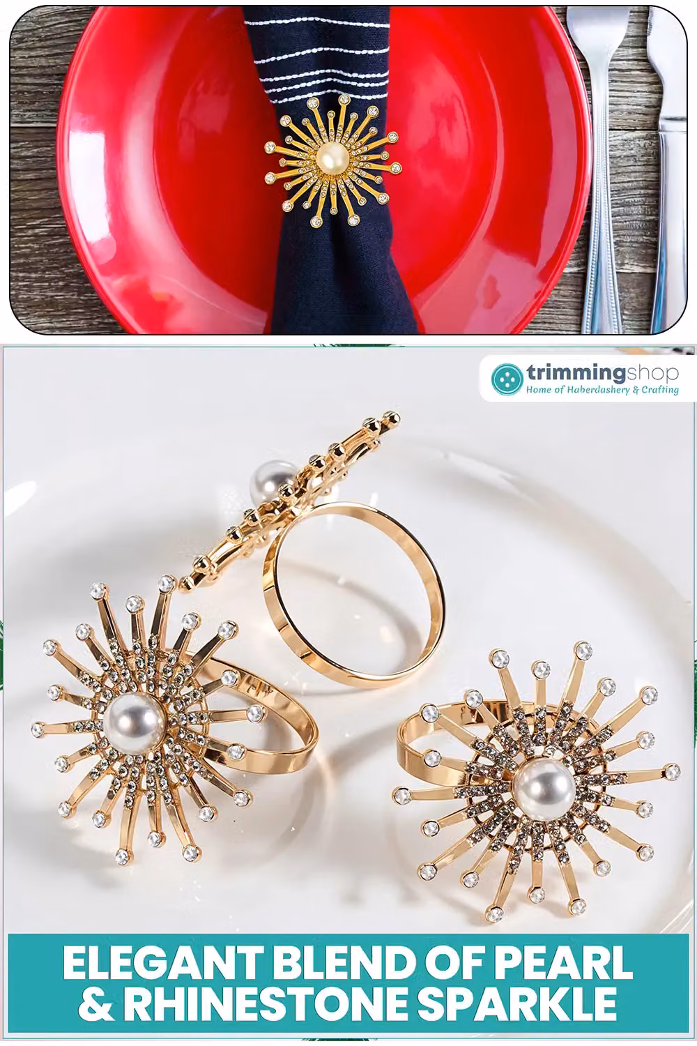 Neel Blue Sunburst Motif Pearl Napkin Rings with Gold Diamante Rhinestones – 3
