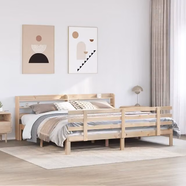 Berkfield Home Rustic Pine Bed Frame with Headboard and Side Compartments, Brown, W/D/H: 200 x 200 x 82 cm