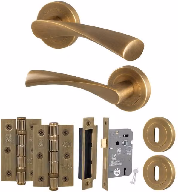 AFIT Antique Brass Door Handle Rose, Sash Lock and Hinges Set in Bronze, 2 Pack – 1