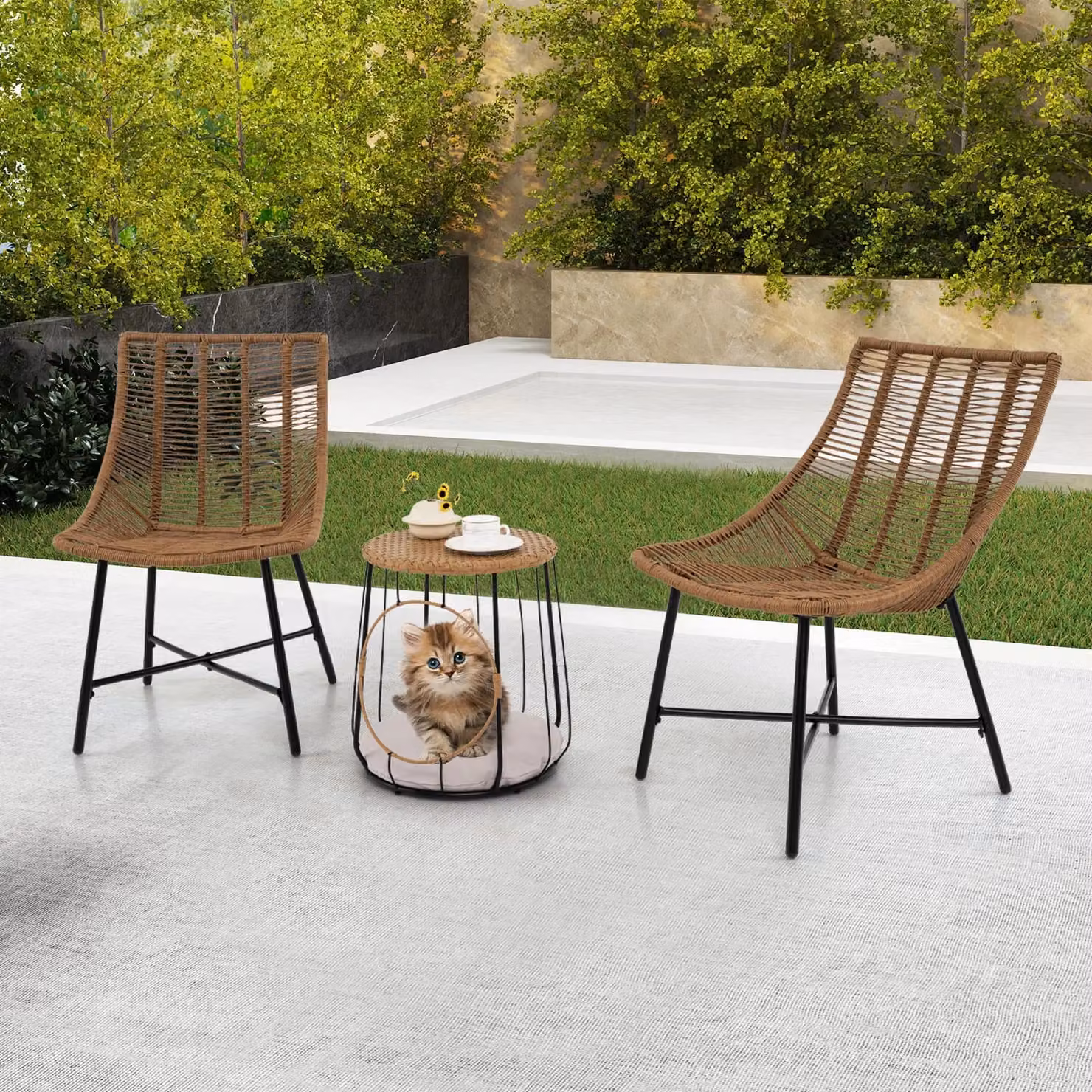 Gymax 3 Piece Outdoor Furniture Set with Pet House in Brown Rattan – 3